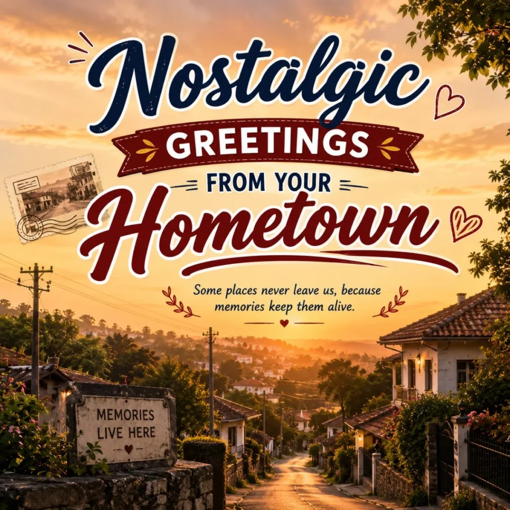 Nostalgic greetings from your hometown with sunset street and memories live here sign