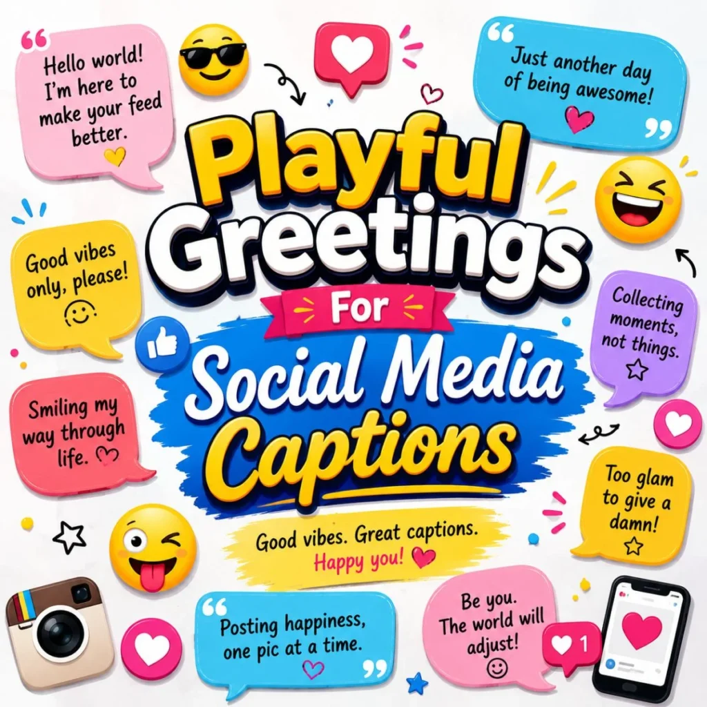 Playful social media greetings with colorful speech bubbles, emojis, and fun caption ideas for online posts