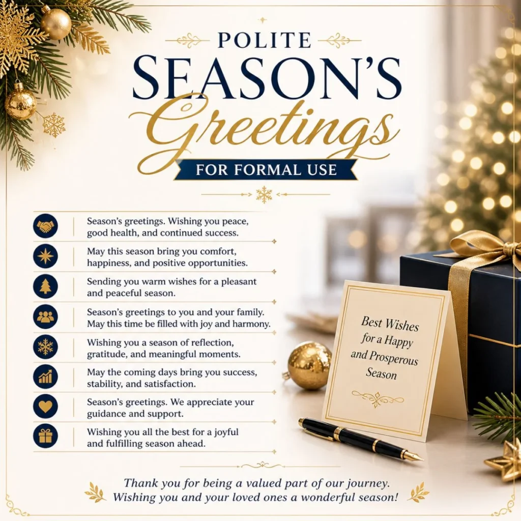 Polite season’s greetings for formal use with elegant holiday card, gift box, pen, and festive decor