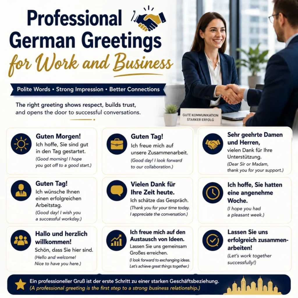 Professional German greetings infographic with business handshake and formal workplace phrases