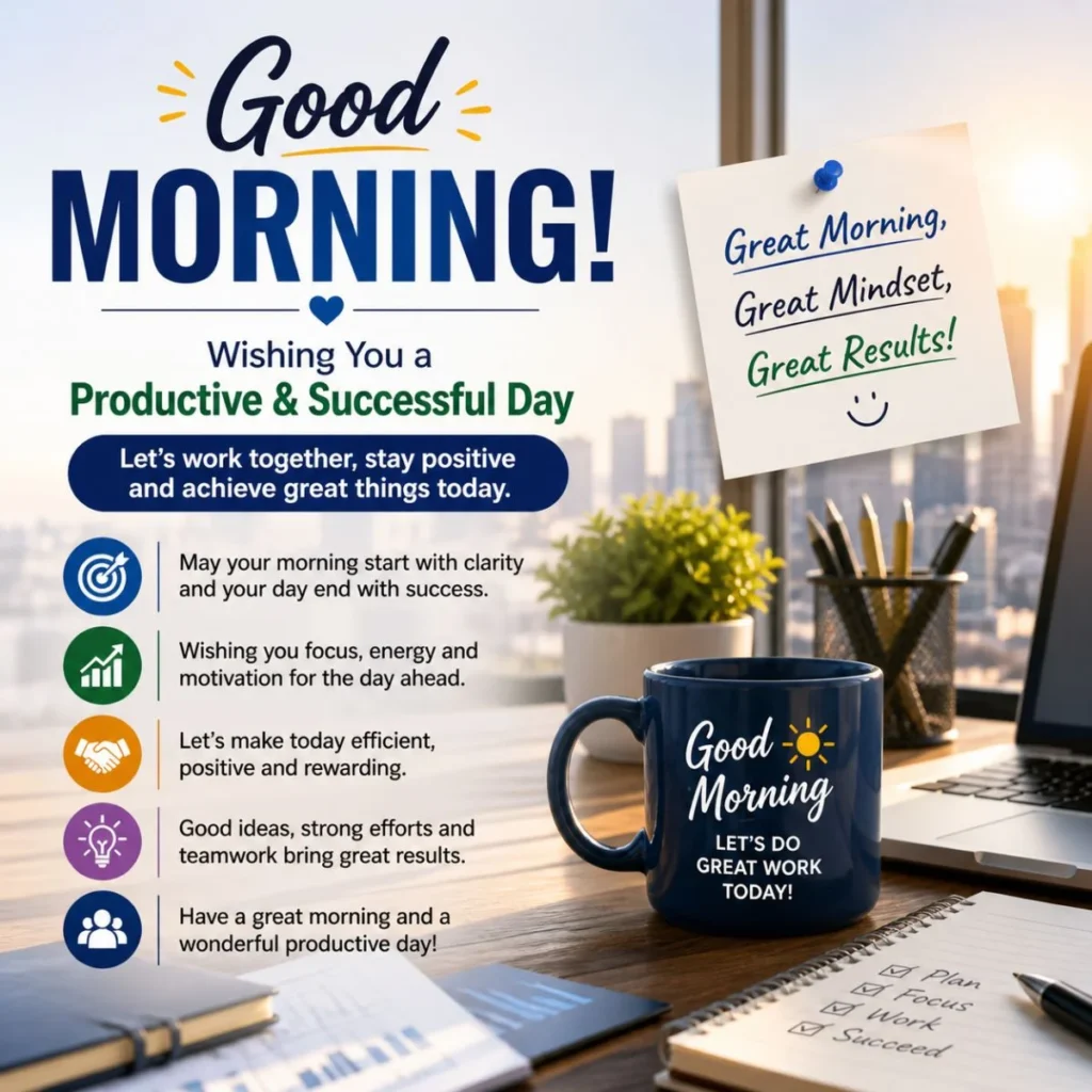 Professional morning greetings image with office desk, coffee mug, laptop, and productive work wishes