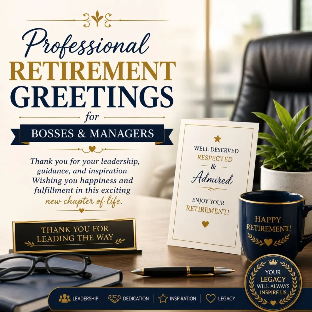 Professional retirement greetings for bosses and managers with elegant office desk and thank you card