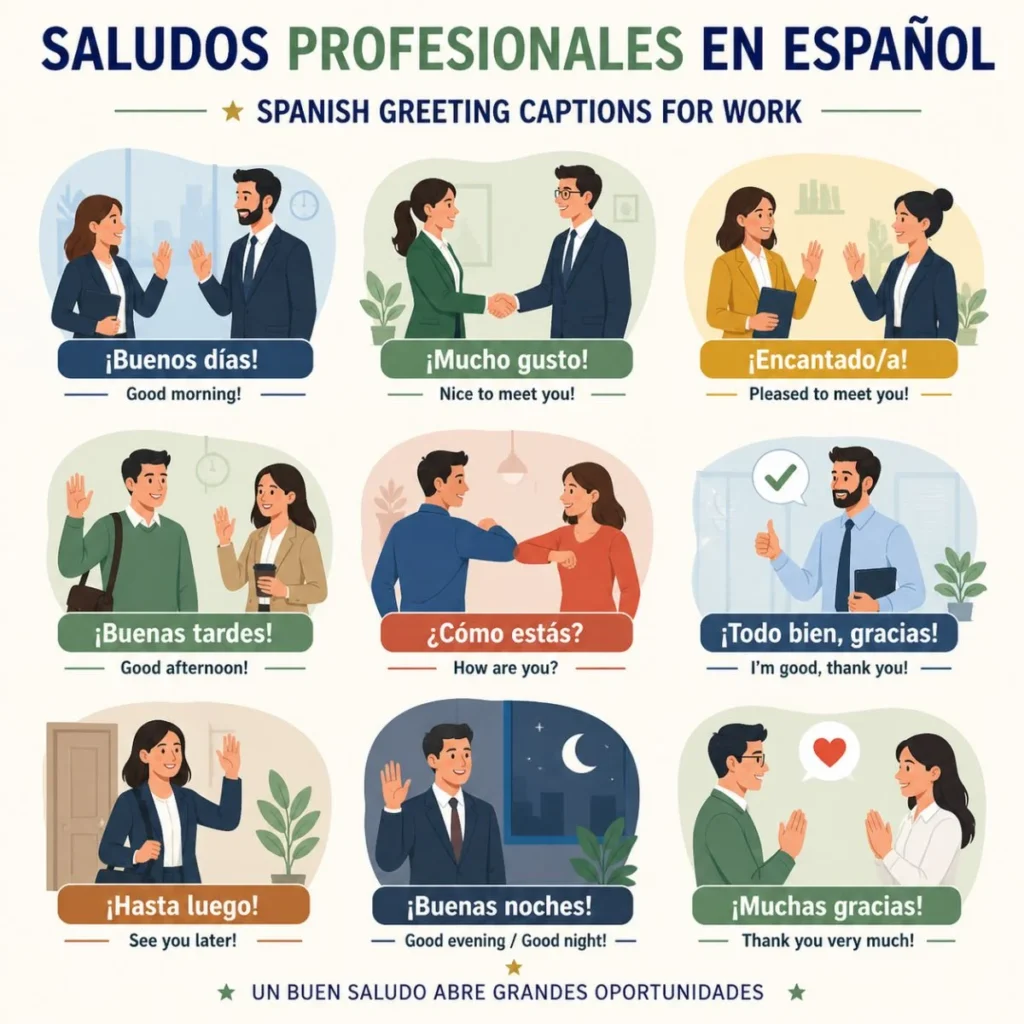 Spanish professional greeting infographic showing office scenes with common phrases like buenos días and mucho gusto