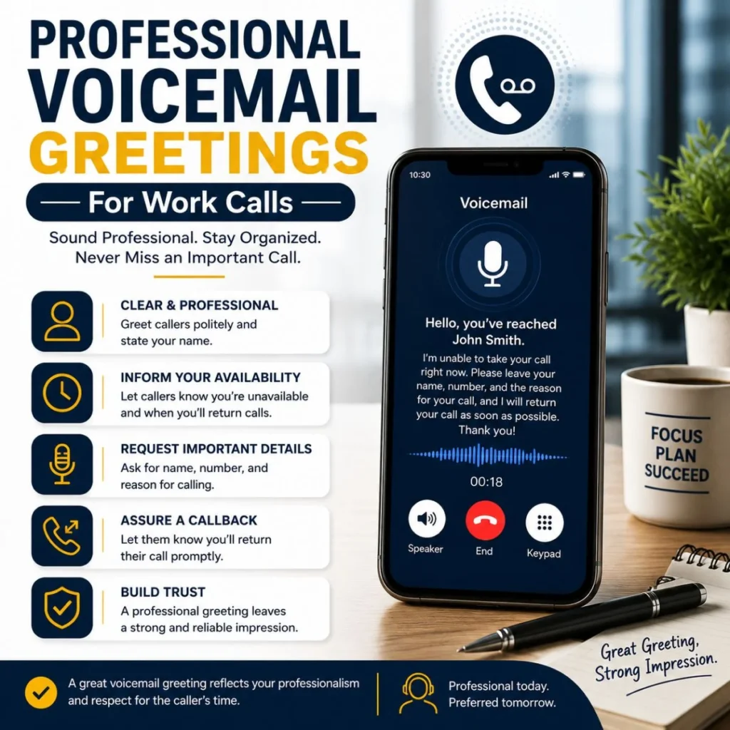 Professional voicemail greetings for work calls with phone mockup and office communication tips