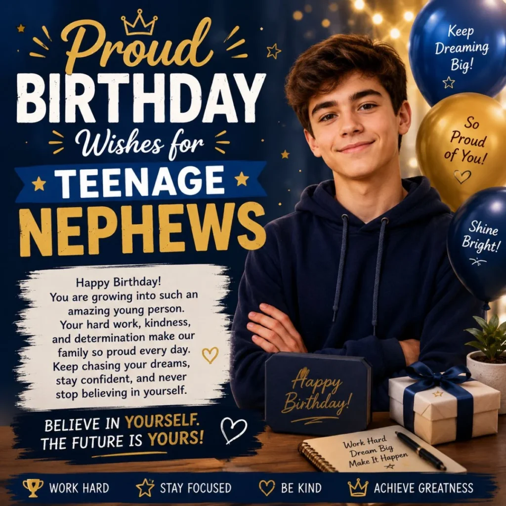 Proud birthday wishes for teenage nephew with balloons, gifts, and motivational birthday message