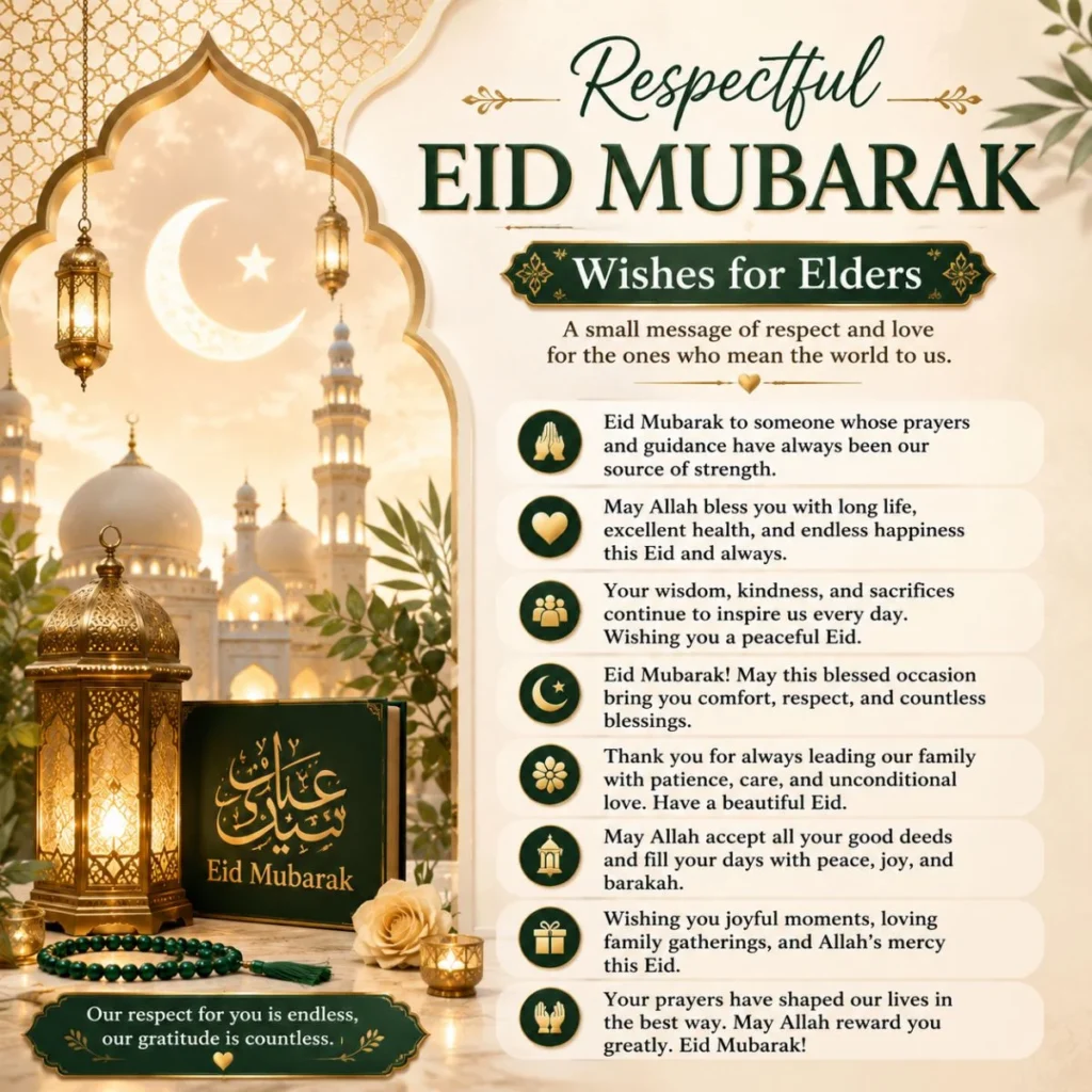 Respectful Eid Mubarak wishes for elders with mosque, lanterns, crescent moon, and Islamic decor