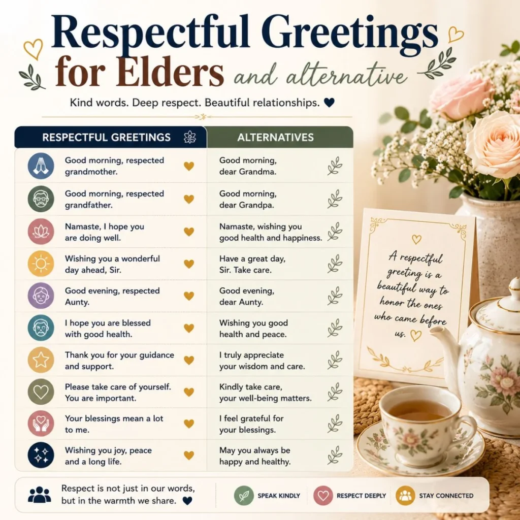 Respectful greetings for elders infographic with alternative messages, flowers, tea cup, and warm family values