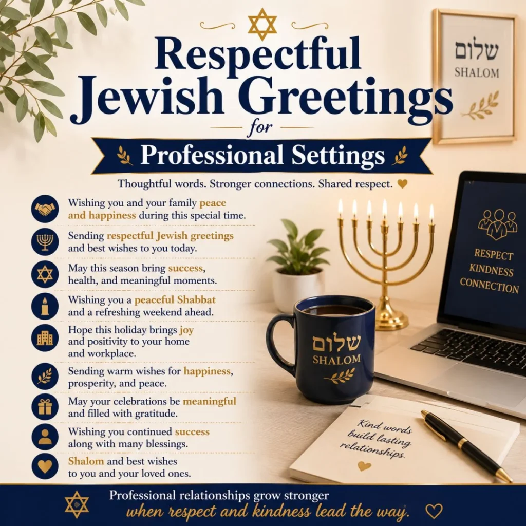 Respectful Jewish greetings for professional settings with menorah, Shalom mug, laptop, and office desk