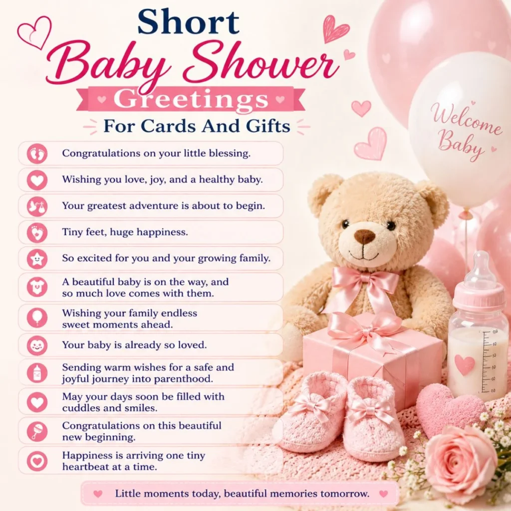 Short baby shower greetings card with teddy bear, pink balloons, baby shoes, gift box, and heartfelt wishes