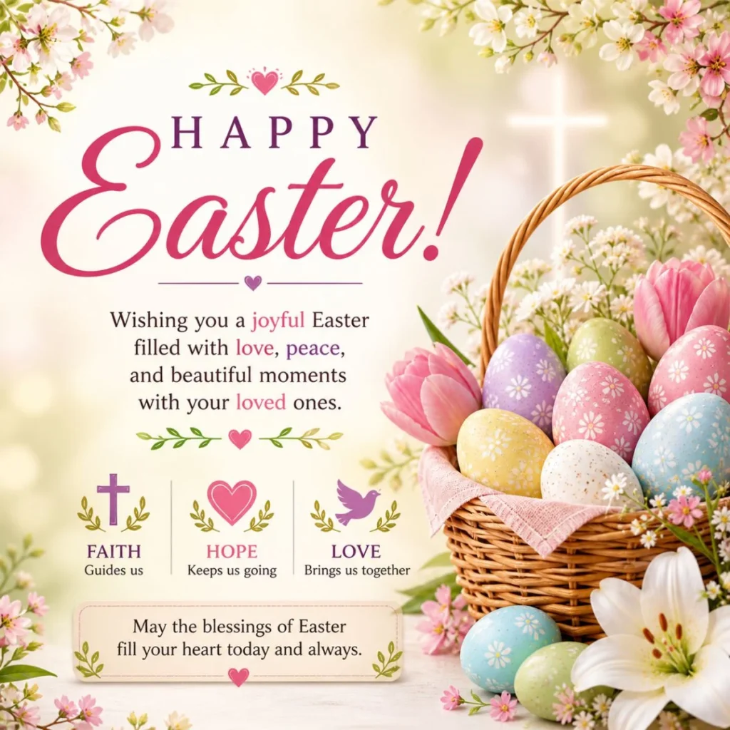 Elegant Easter greeting card with pastel eggs basket, flowers, and short message of faith, hope, and love