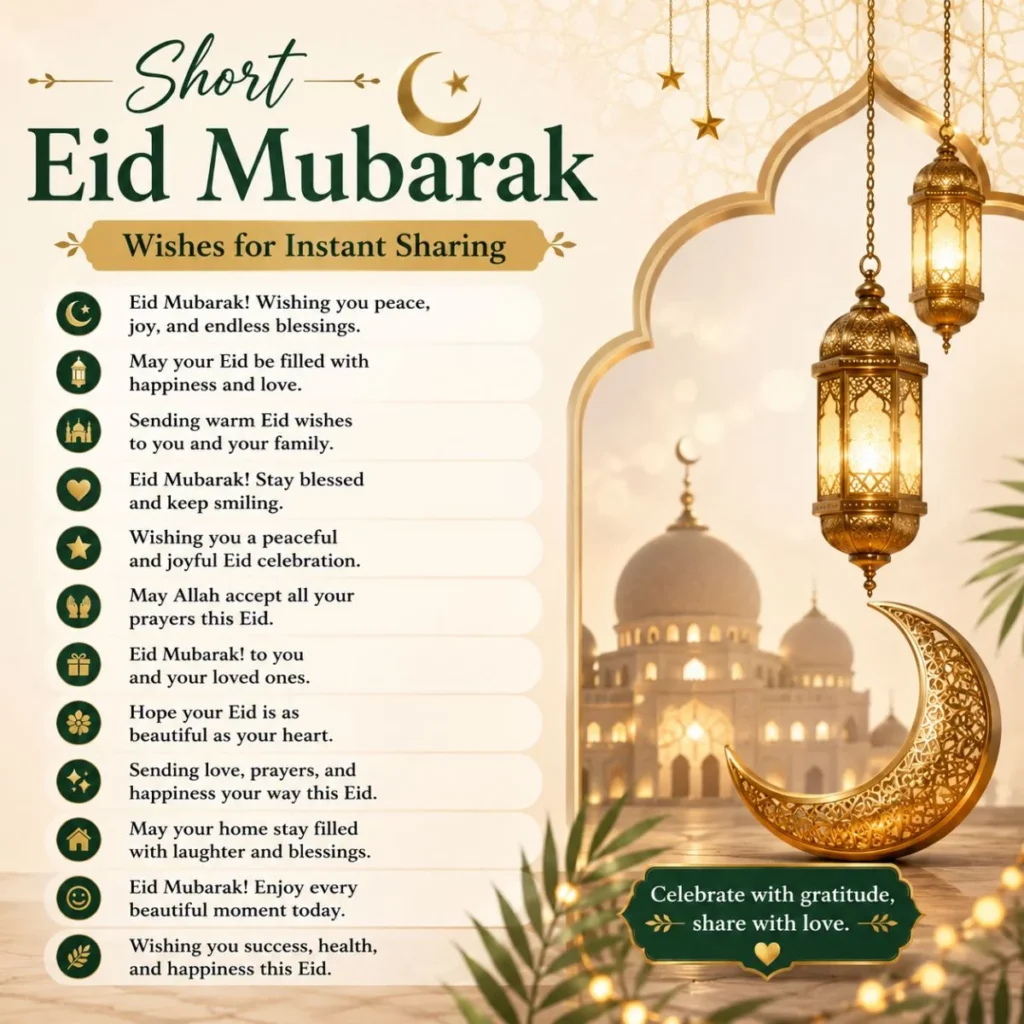 Short Eid Mubarak wishes poster with mosque, golden lanterns, crescent moon, and festive message list