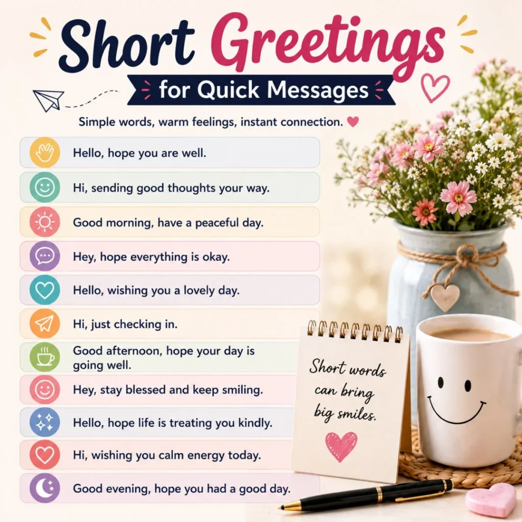 Short greetings infographic with quick messages, flowers, coffee mug, icons, and warm note