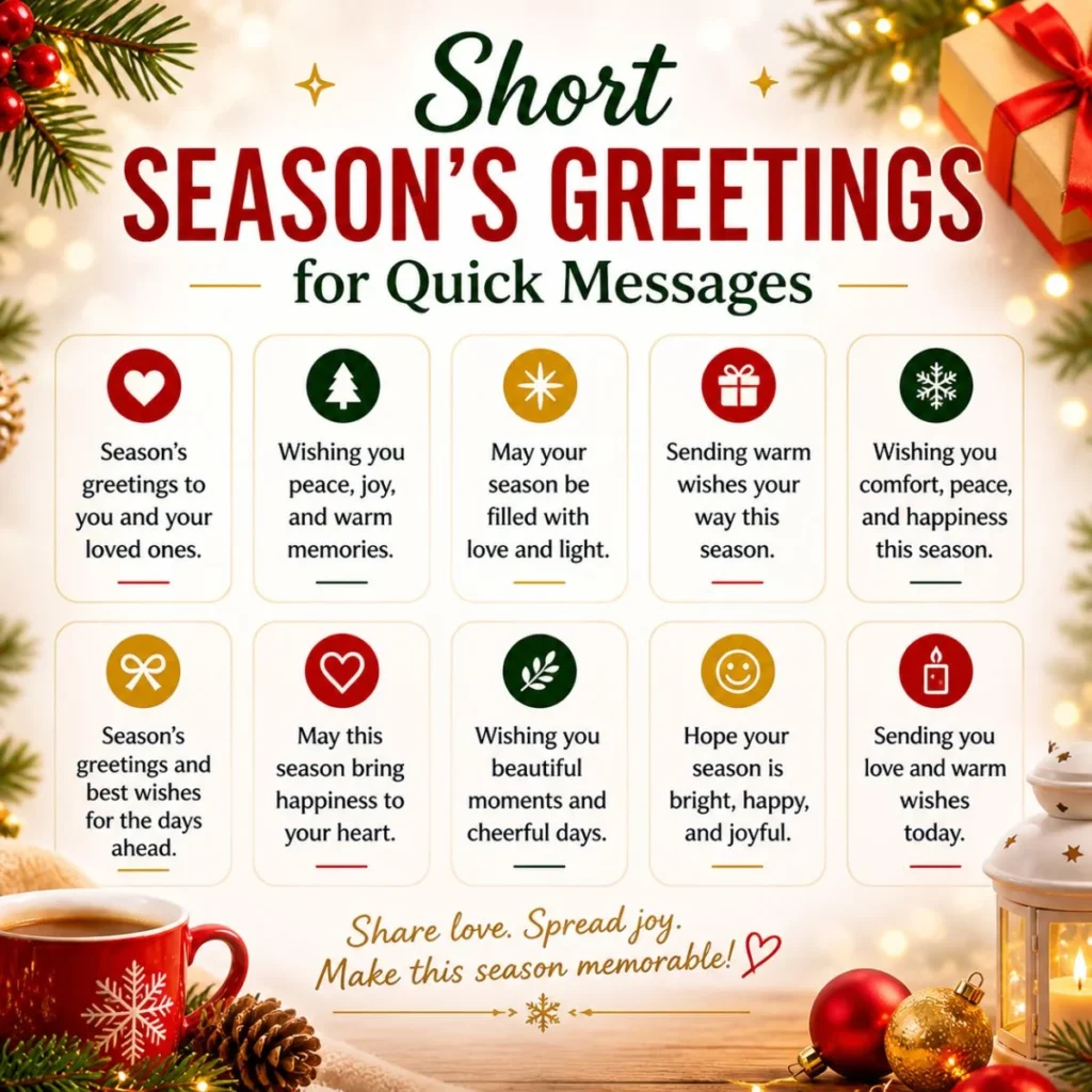 Short season’s greetings for quick messages with festive icons, ornaments, lights, and holiday wishes