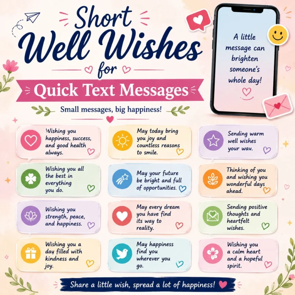 Short well wishes for quick text messages with colorful message bubbles and phone design