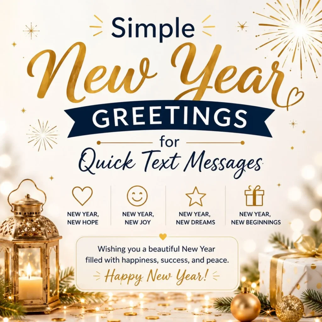 Simple New Year greetings image with gold text, lantern, gifts, fireworks, and quick text message wishes