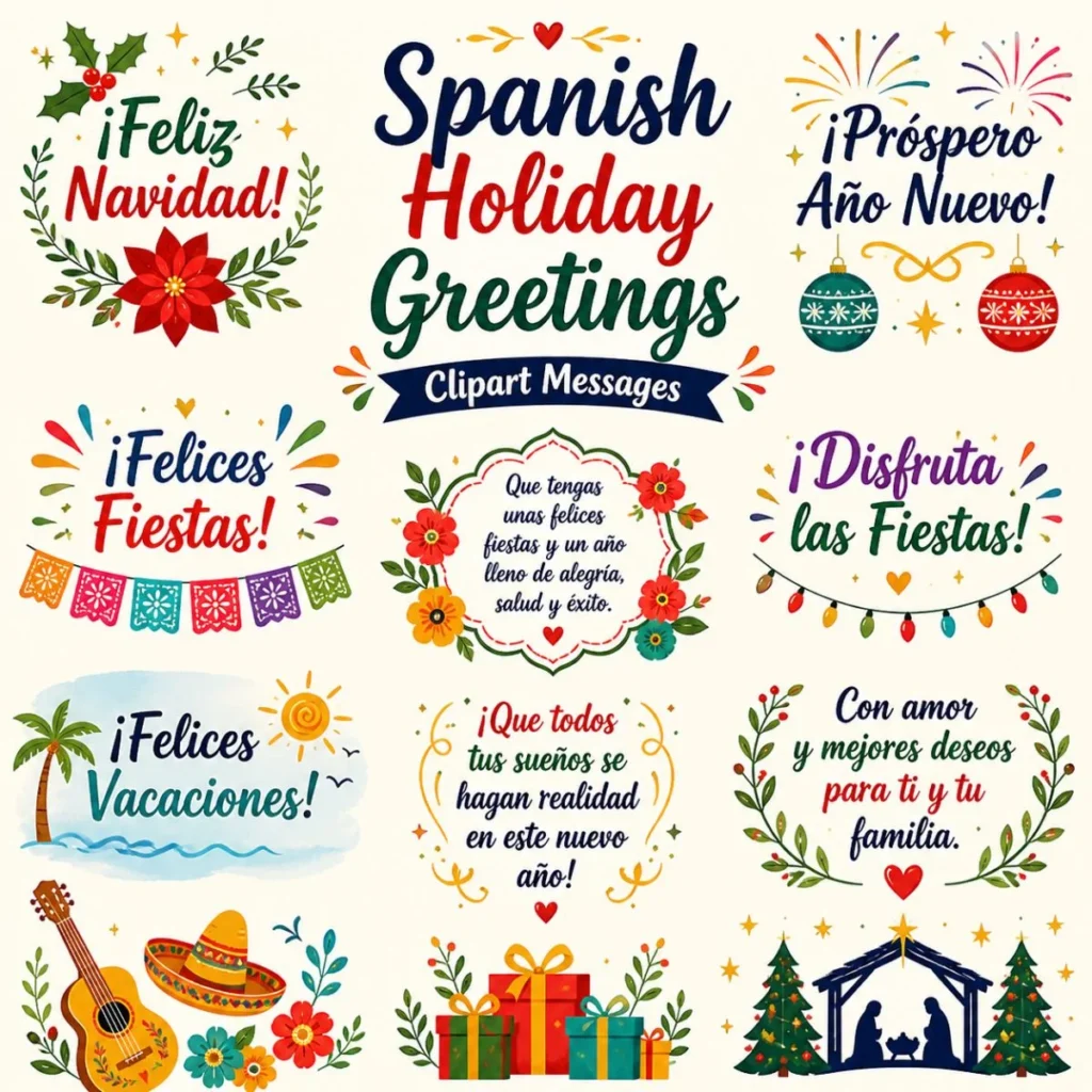 Spanish holiday greetings clipart with Feliz Navidad, Feliz Año Nuevo, festive icons, gifts, and colorful decorations