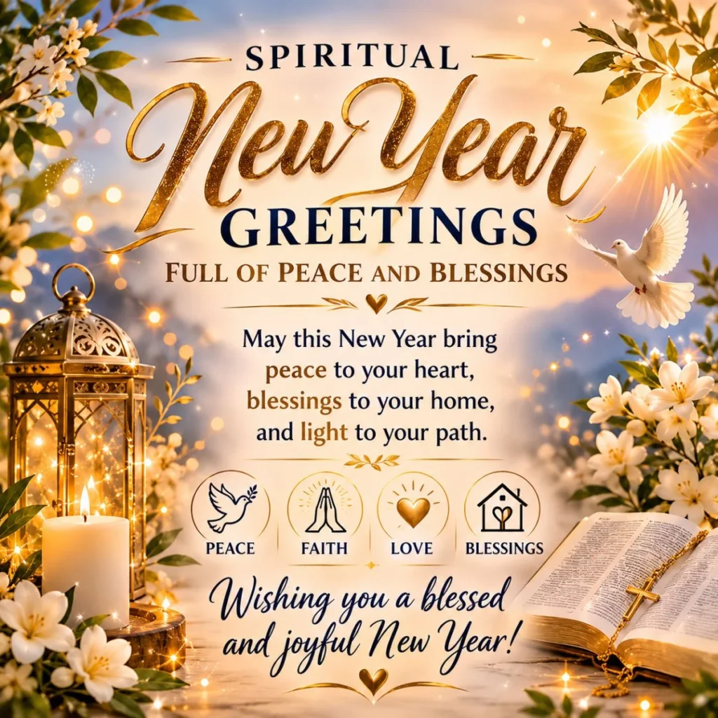 Spiritual New Year greetings image with golden sunrise, dove, candle lantern, and peaceful blessing message