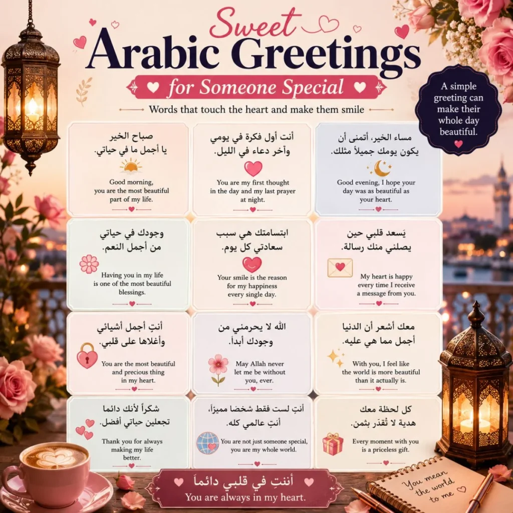 Sweet Arabic greetings for someone special with romantic love messages, roses, lanterns, and sunset background