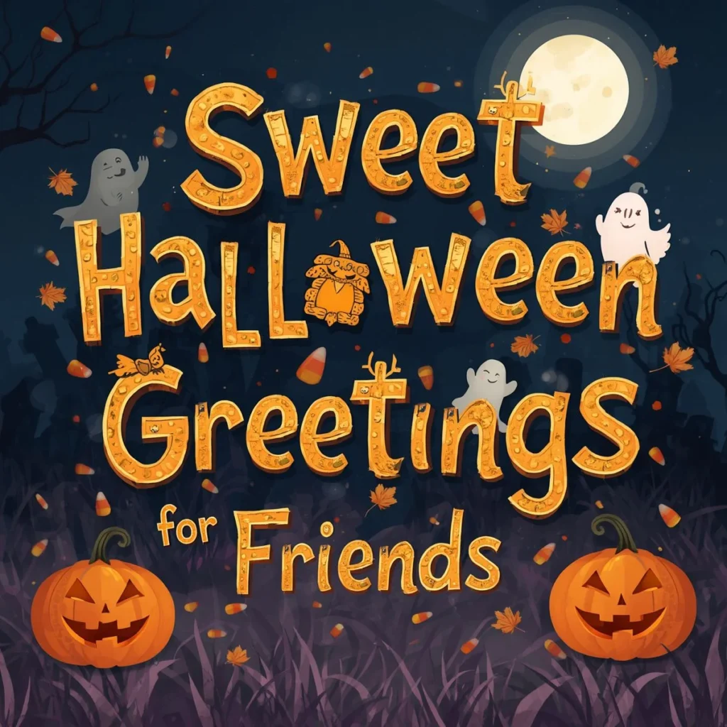 Sweet Halloween greetings image with glowing pumpkins, cute ghost, candy, and spooky night background for friends