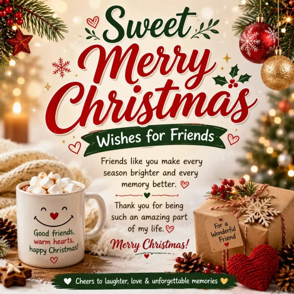Sweet Merry Christmas wishes for friends with cozy mug, gifts, ornaments, and festive holiday lights