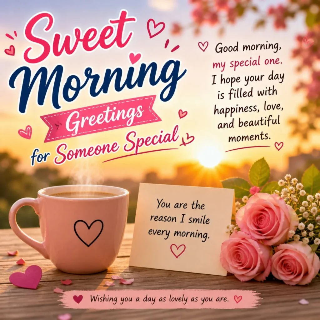 Sweet morning greetings image with roses, coffee mug, sunrise, and loving message for someone special