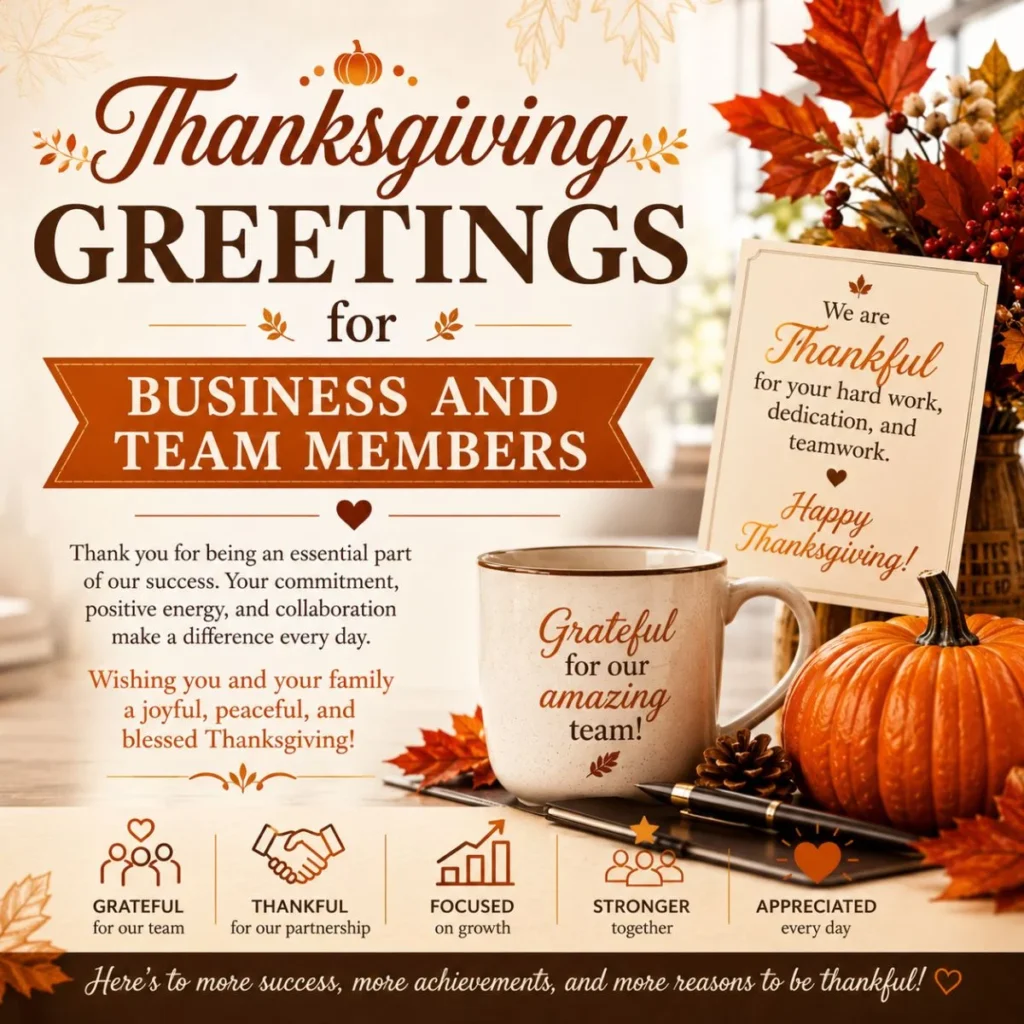 Thanksgiving greetings for business team members with pumpkin, coffee mug, autumn leaves, and appreciation text