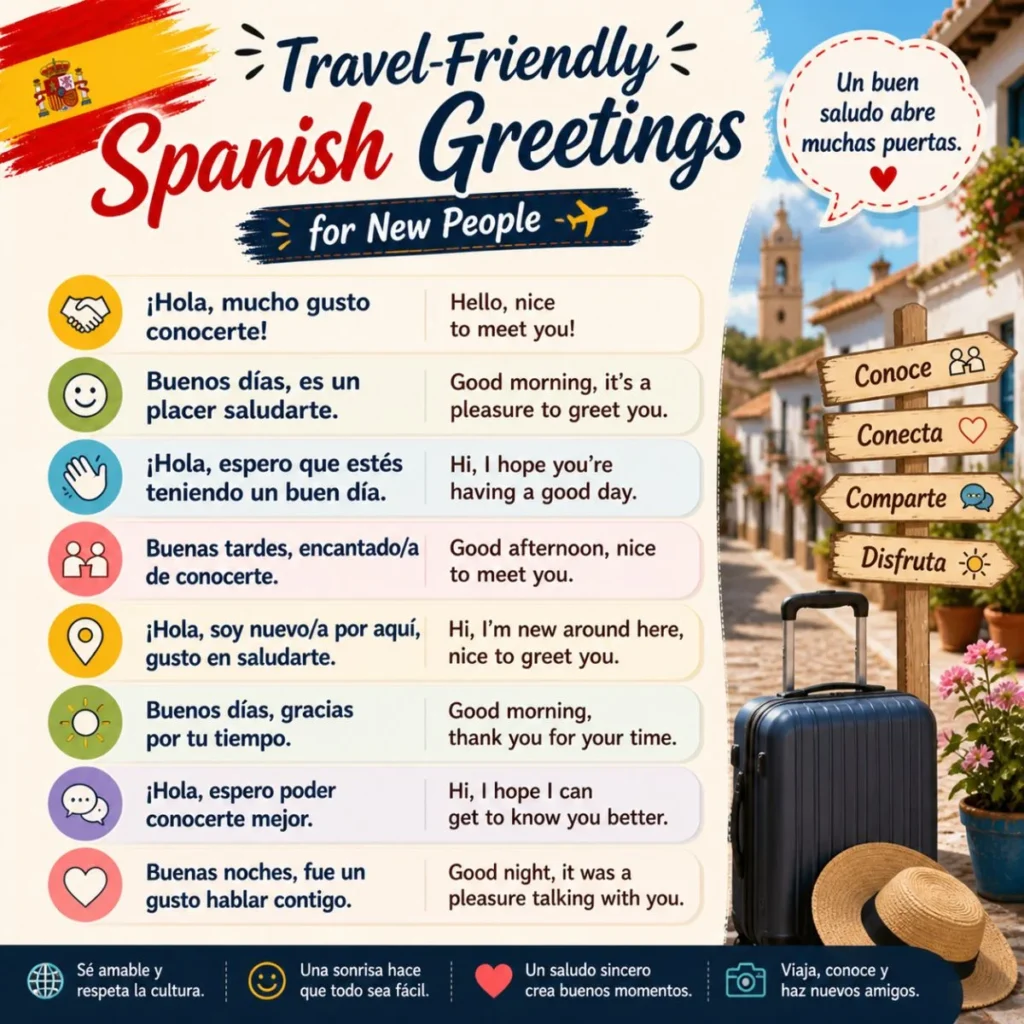 Travel-friendly Spanish greetings with English translations, suitcase, village street, and helpful phrases for meeting people