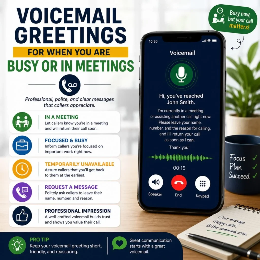 Voicemail greetings for busy meetings with phone mockup and professional caller message tips