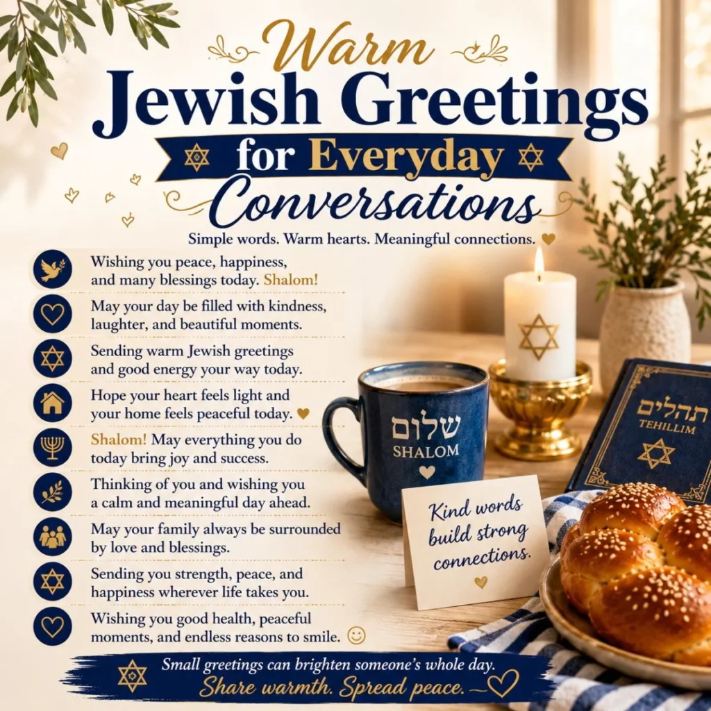 Warm Jewish greetings image with Shalom mug, candle, challah bread, and everyday blessing messages