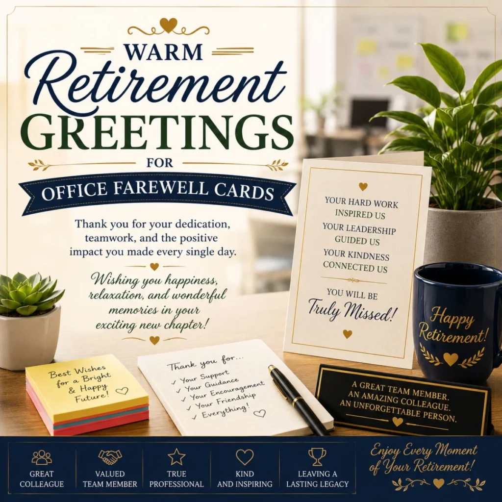 Warm retirement greetings for office farewell cards with desk, plants, mug, notes, and thank you card