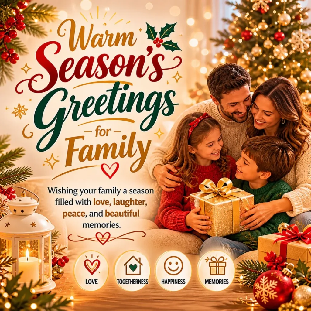 Warm season’s greetings for family with cozy Christmas tree, fireplace, gifts, and family together