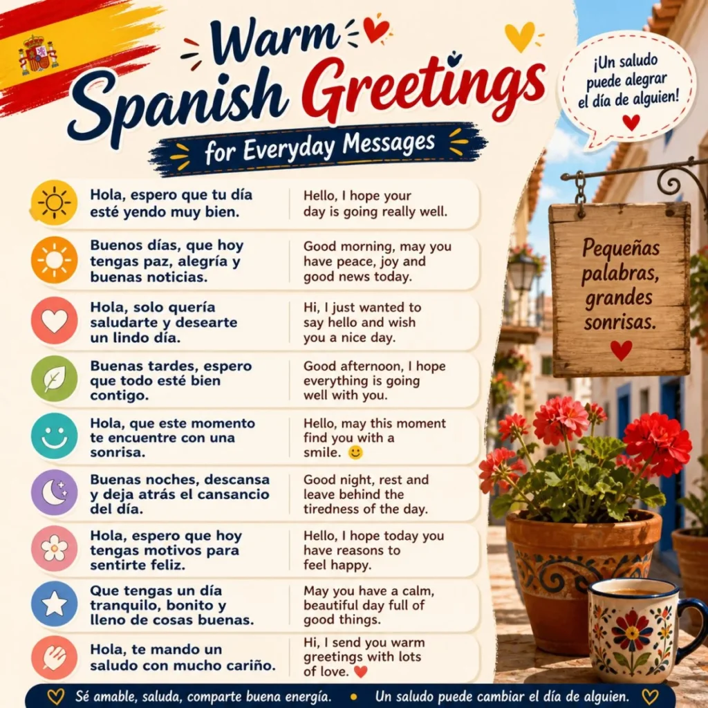 Warm Spanish greetings infographic with daily phrases, translations, and colorful icons for friendly everyday messages