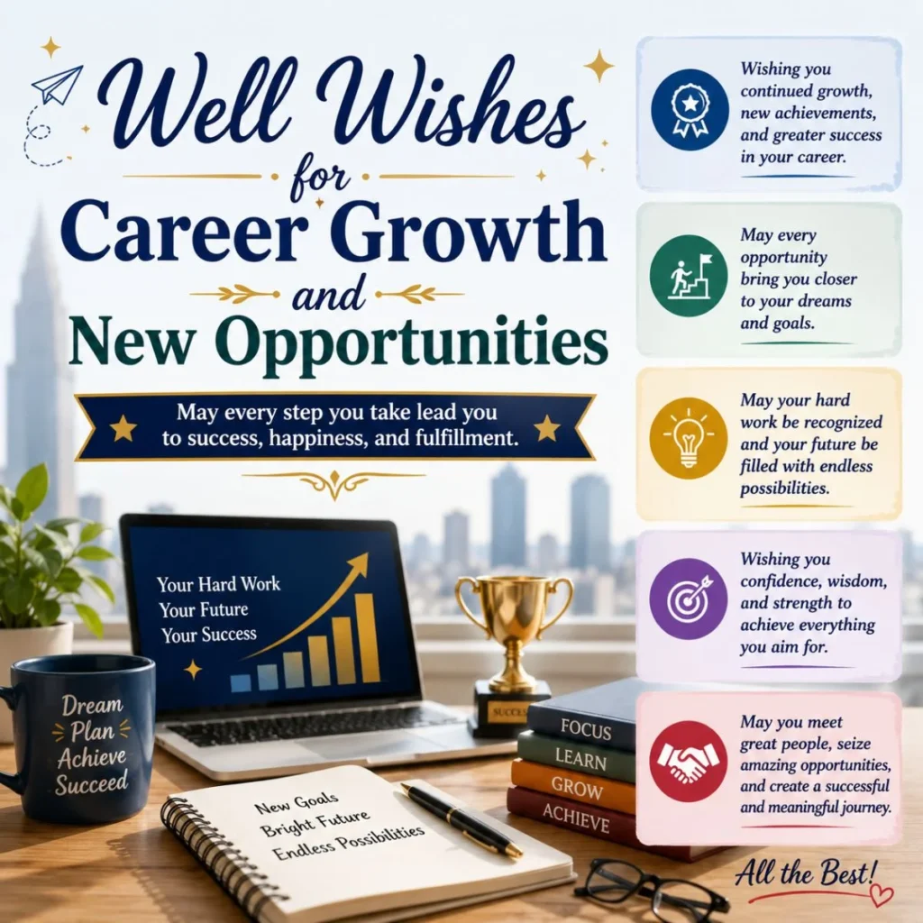 Well wishes for career growth with office desk, success chart, trophy, and new opportunity messages