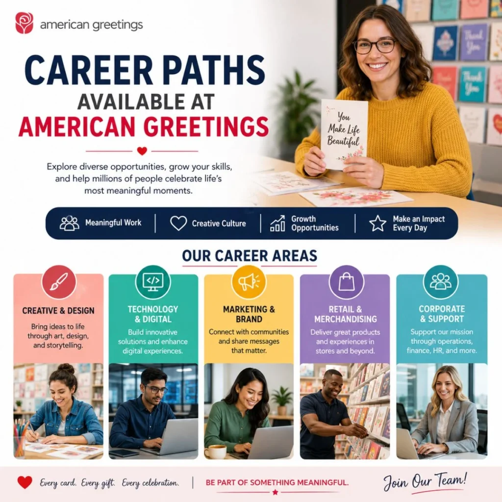 American Greetings career paths infographic showing creative, technology, marketing, retail and corporate roles