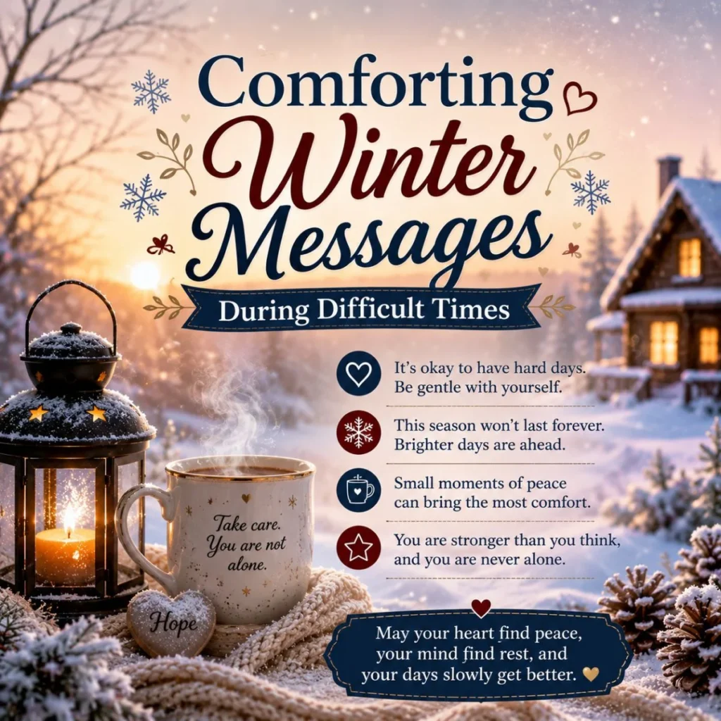 Comforting winter messages during difficult times with snowy cabin, candle lantern, warm mug, and hope quotes