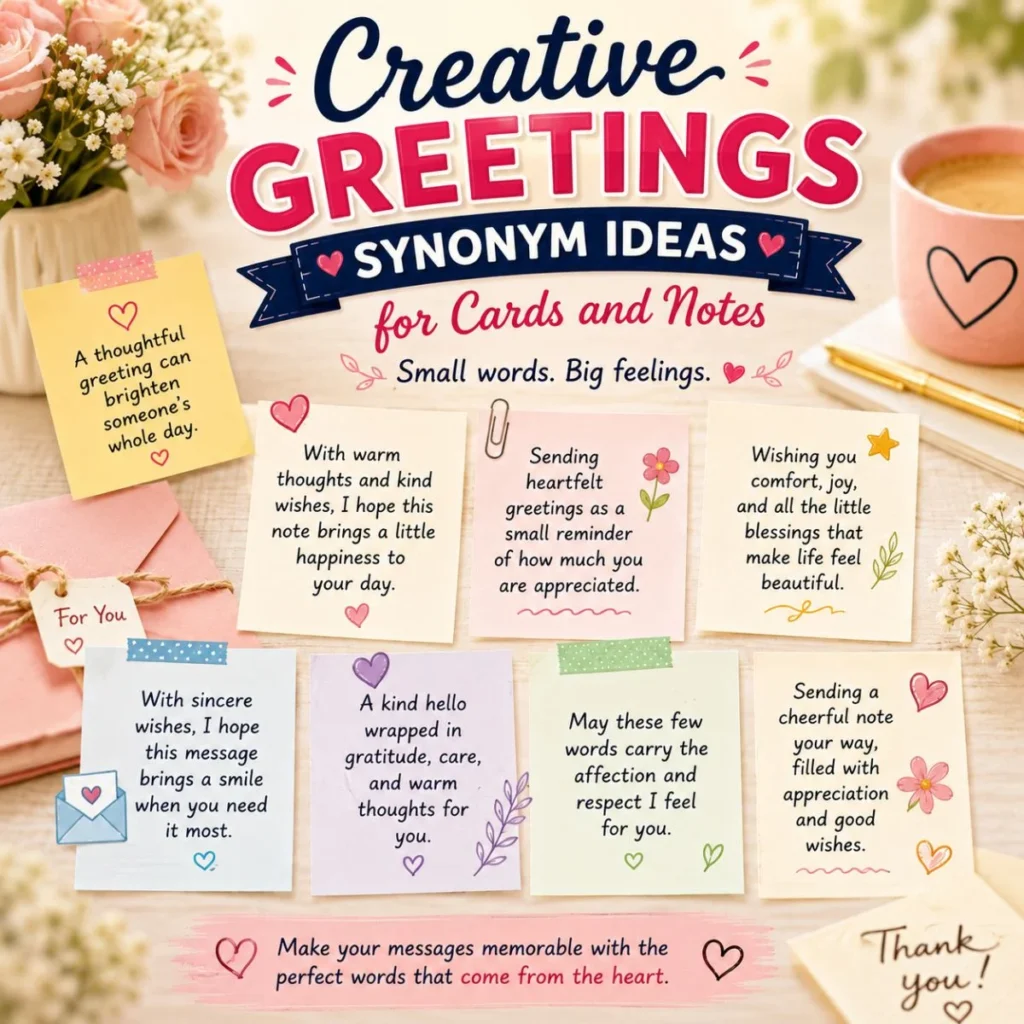 Creative greetings synonym ideas for cards and notes with pastel note cards, flowers, hearts, and warm messages