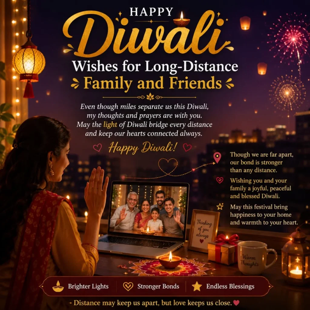 Diwali wishes for long-distance family and friends with video call, diyas, and fireworks