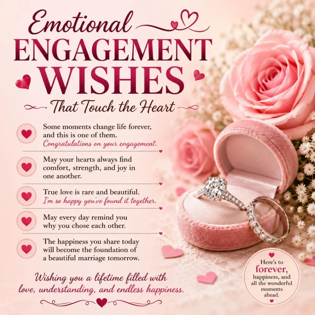Emotional engagement wishes image with diamond ring, pink roses, hearts, and heartfelt love messages