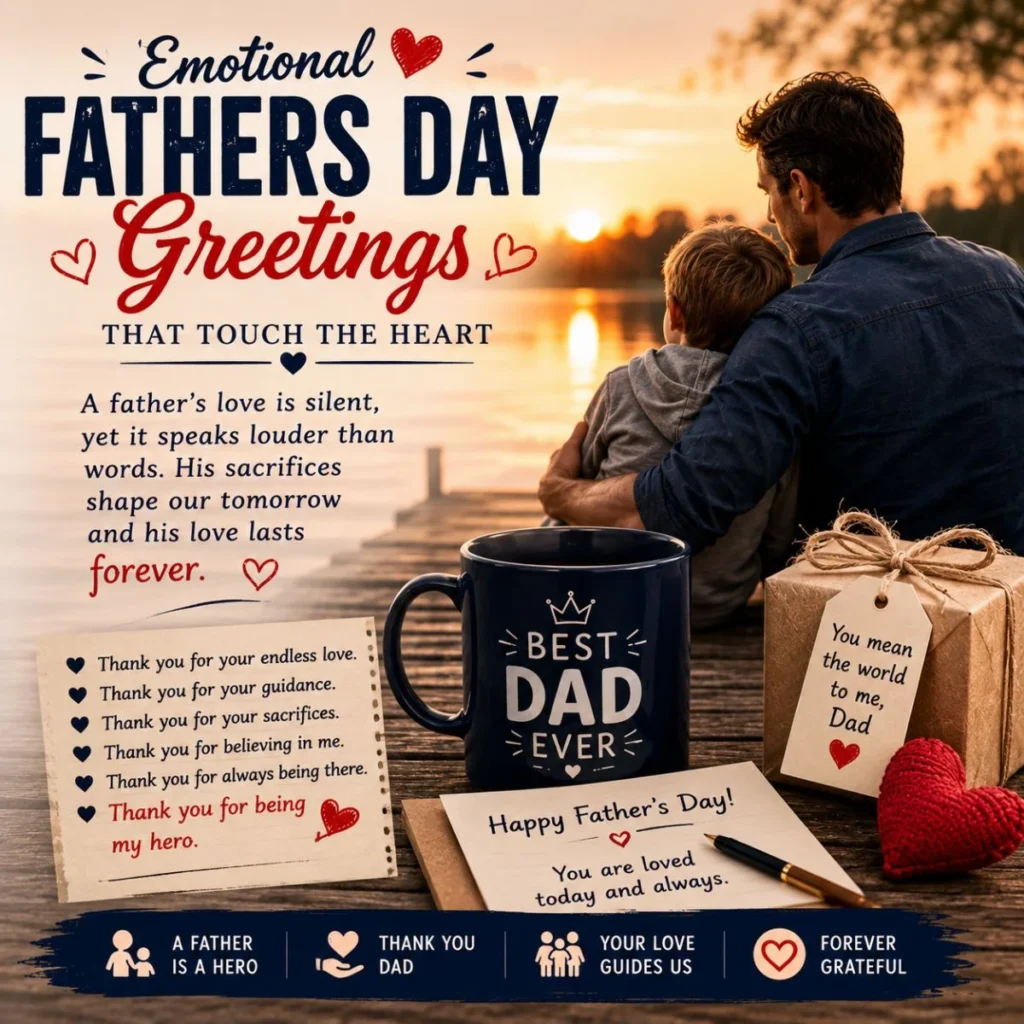 Emotional Father’s Day greetings image with dad and child by lake, best dad mug, gift, and heartfelt notes