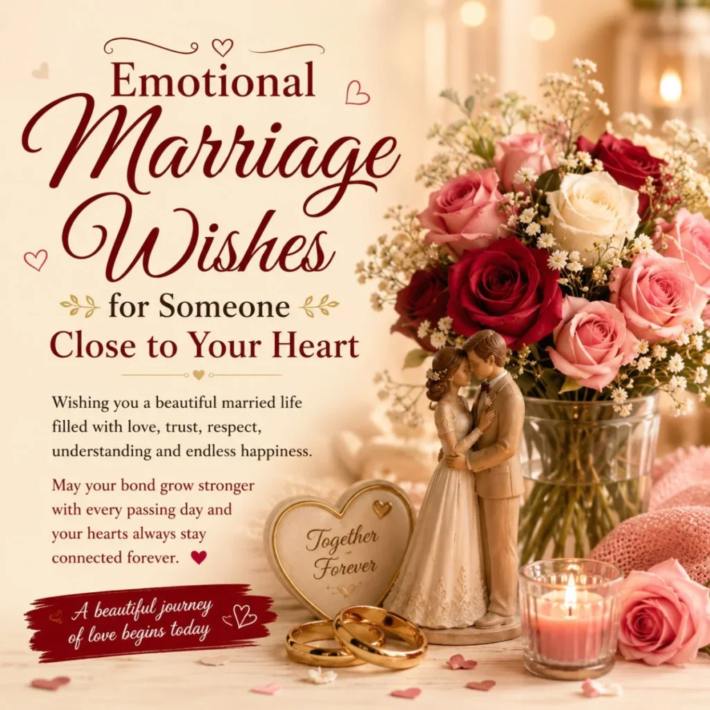 Emotional marriage wishes image with roses, wedding rings, candle, and loving couple figurine