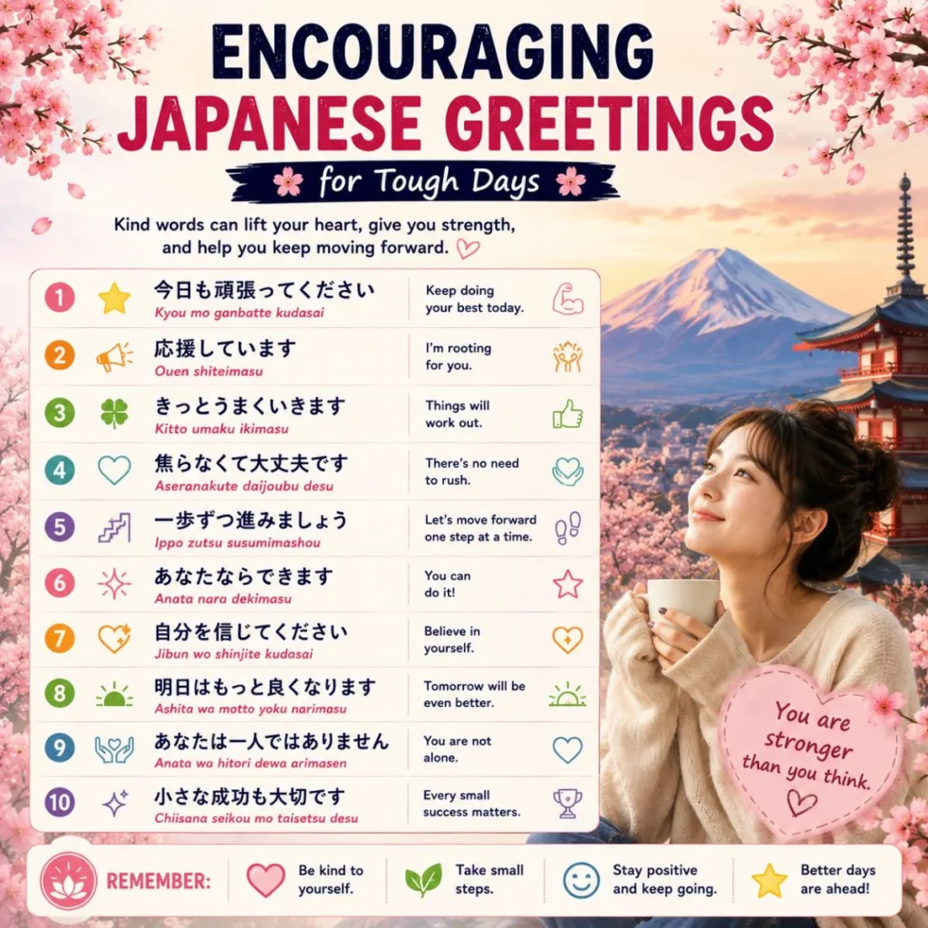 Encouraging Japanese greetings for tough days with English meanings and cherry blossom design