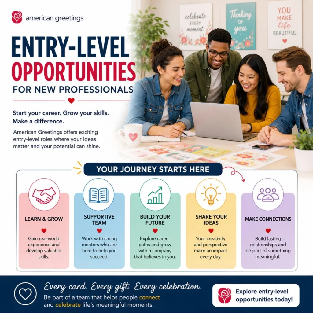 Entry-level American Greetings opportunities poster with young professionals, career growth and teamwork icons