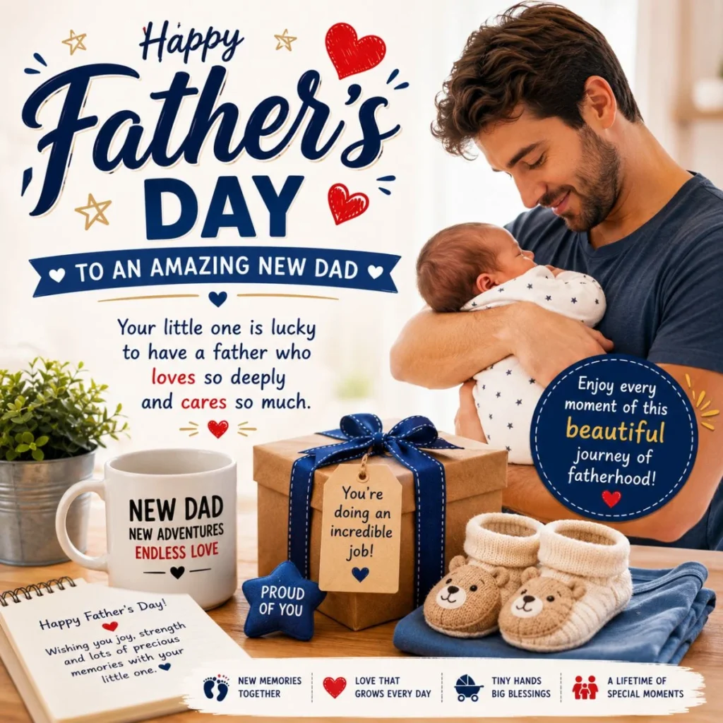 Father’s Day greetings for new dad with baby, gift, tiny shoes, mug, and loving message