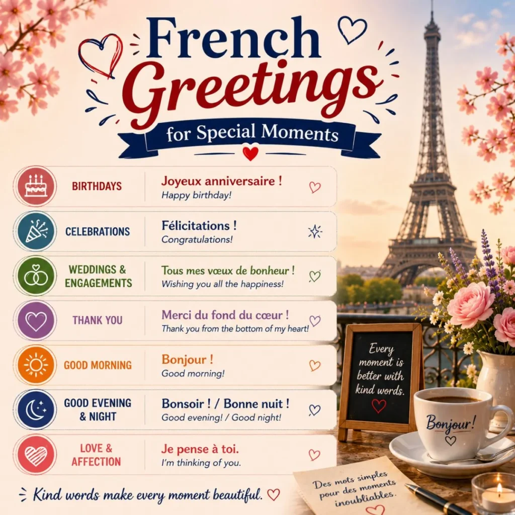 French greetings for special moments poster with Eiffel Tower, birthday, thank you, love, and Bonjour phrases