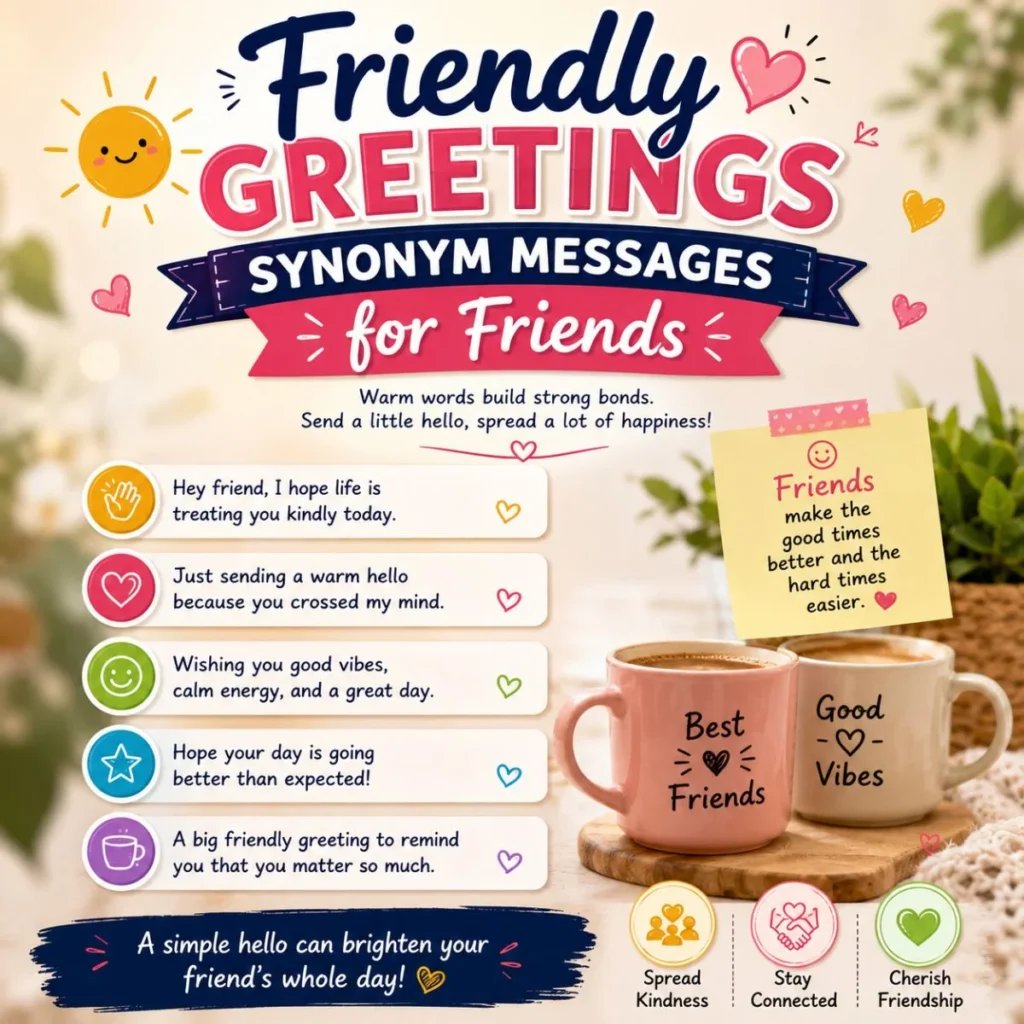 Friendly greetings synonym messages for friends with warm wishes, coffee mugs, hearts, and cheerful note