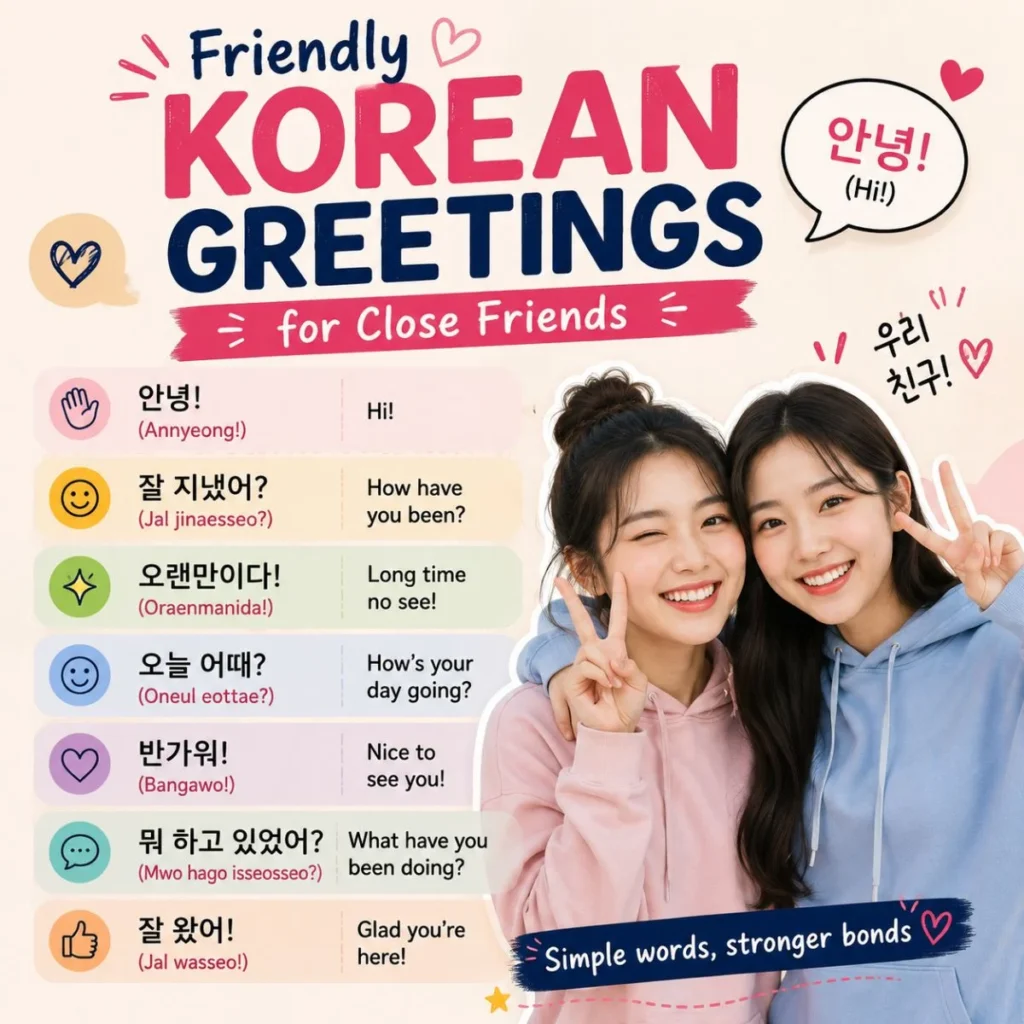 Friendly Korean greetings infographic with two smiling friends and casual phrases