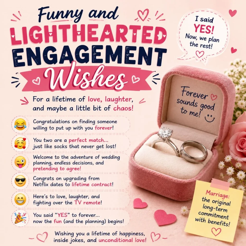 Funny engagement wishes image with ring box, playful hearts, emojis, and lighthearted love messages