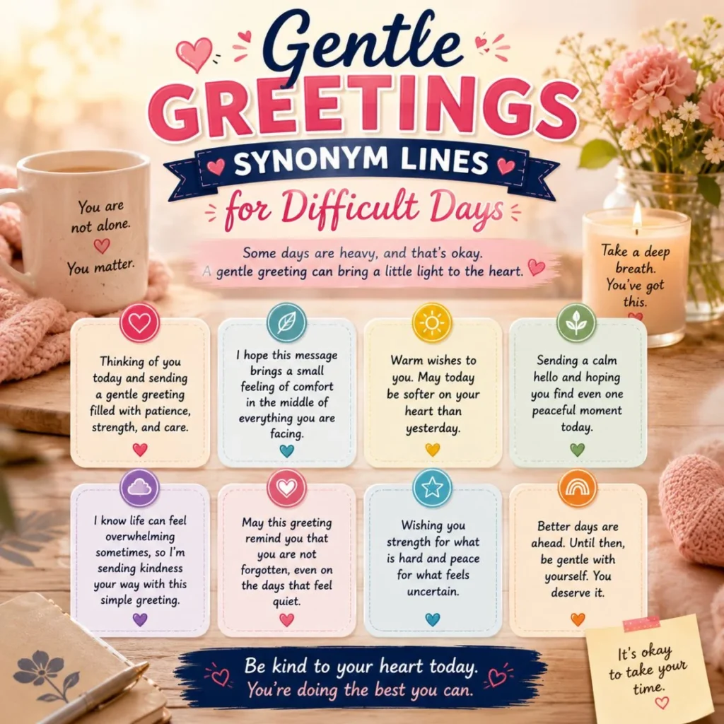 Gentle greetings synonym lines for difficult days with comforting notes, candle, flowers, and warm pastel cards