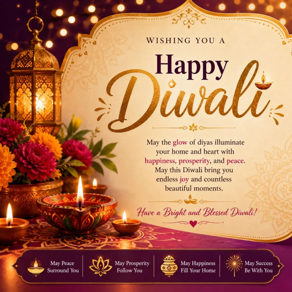 Happy Diwali greeting card with glowing diyas, lantern, flowers, and blessings of peace and prosperity