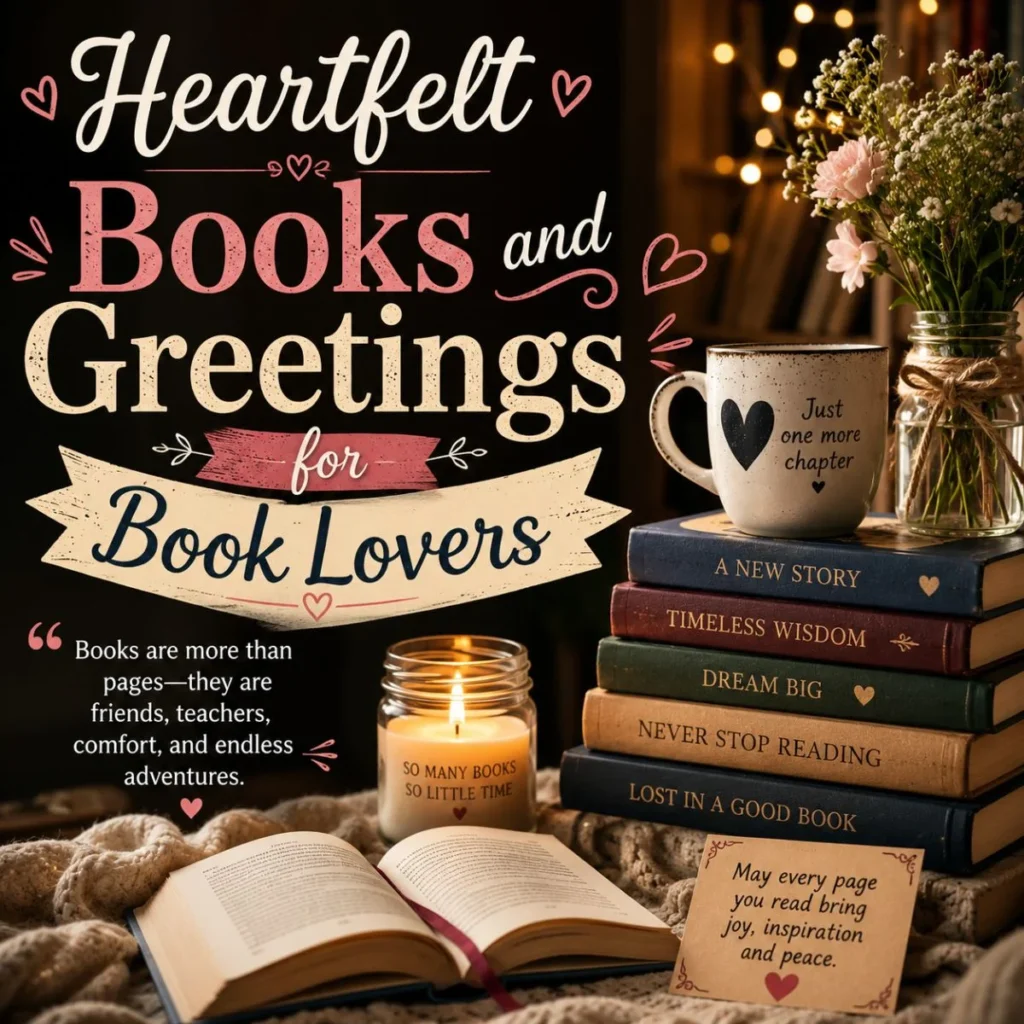 Heartfelt books and greetings image with cozy books, candle, mug, flowers, and warm reading mood
